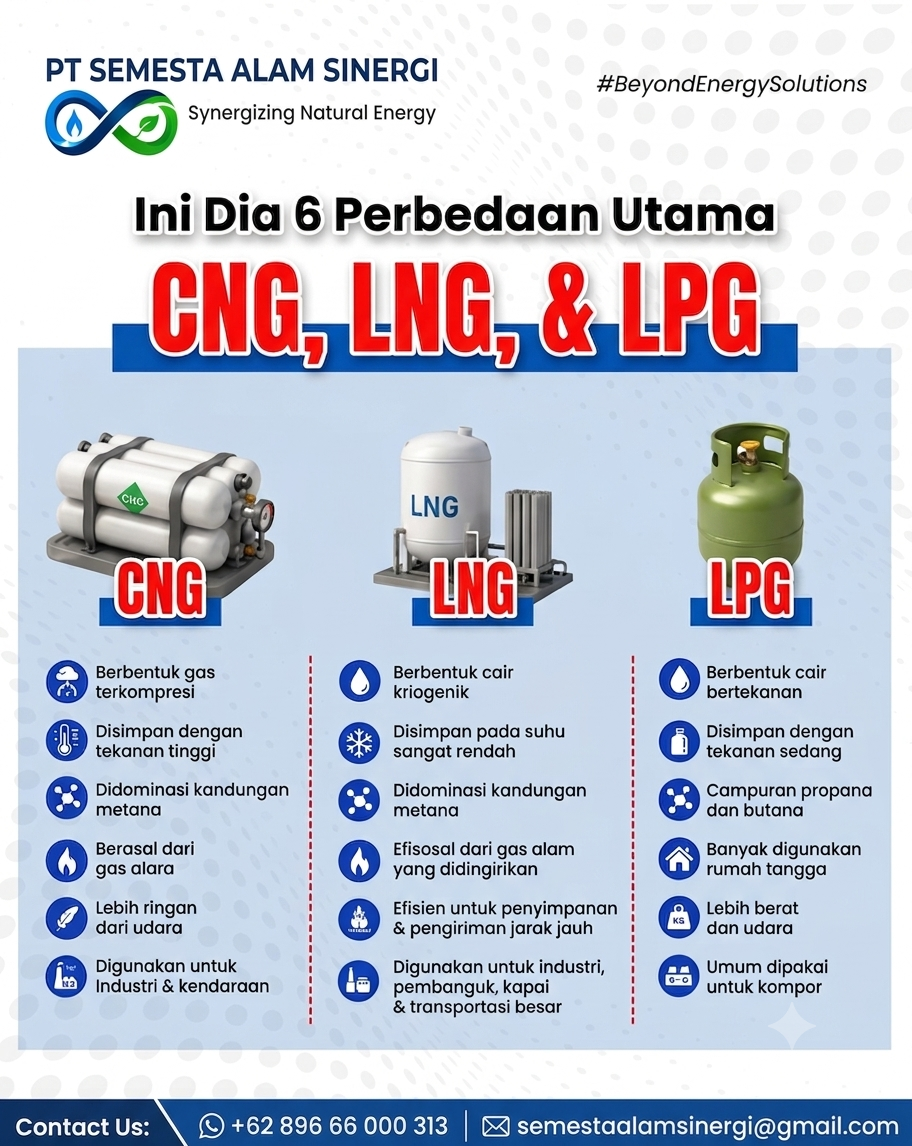 Infografis 6 perbedaan utama CNG, LNG, dan LPG